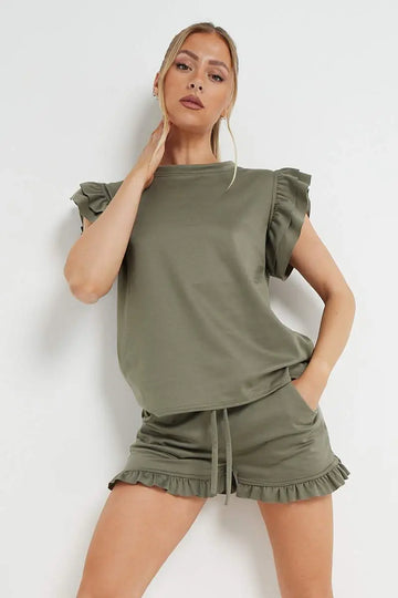 KATCH ME Women's Solid Color Ruffle Sleeve Crop Top & Shorts Bodycon Co-ord 2PCS CO-ord